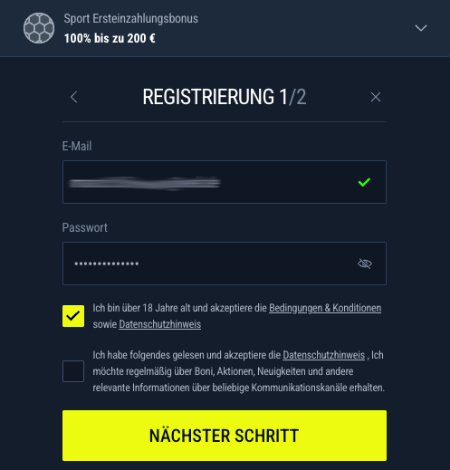 Erster teil der Rabona Anmeldung