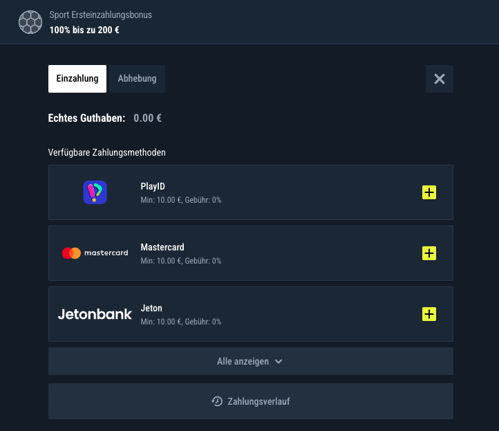 Letzter Schritt der Anmeldung: Einzahlen bei Rabona