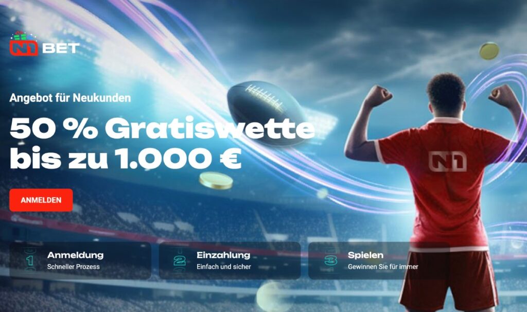 Screenshot vom Willkommensbonus bei N1bet: 50% bis 1.000€ in Freiwetten