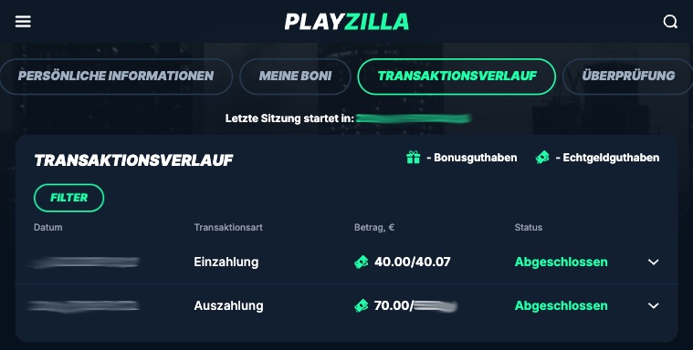 Transaktionsverlauf zeigt eine Einzahlung und eine Auszahlung im Playzilla Konto