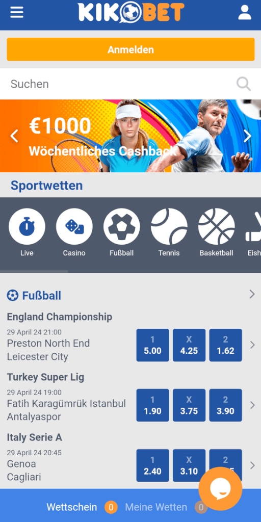 Mobile Ansicht der Kikobet App für Sportwetten