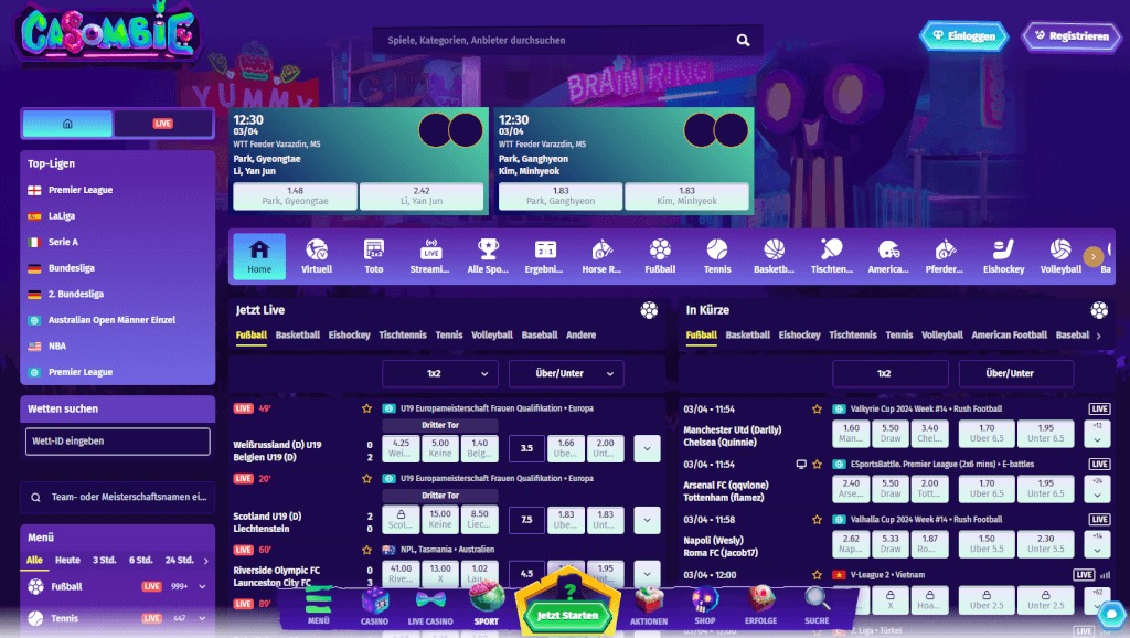 Screenshot von der Website von Casombie Sportwetten