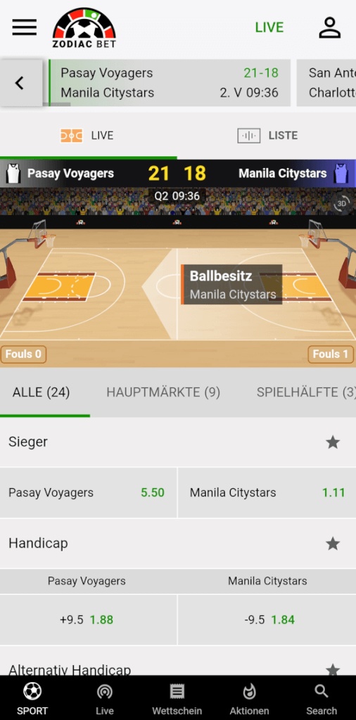 Mobile Ansicht von Zidiac Bet in der App