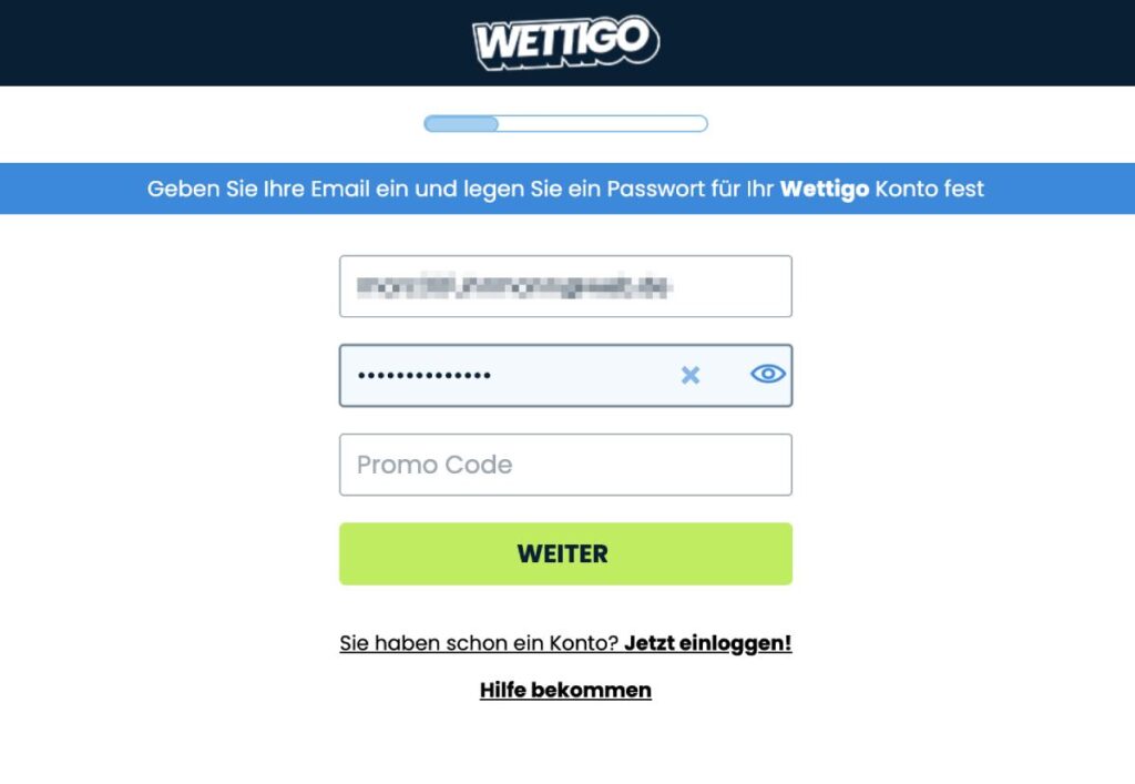 Anmeldung bei Wettigo: zweiter Schritt