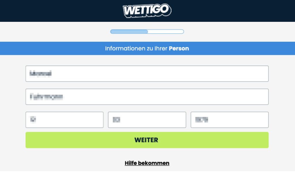 Anmeldung bei Wettigo: dritter Schritt