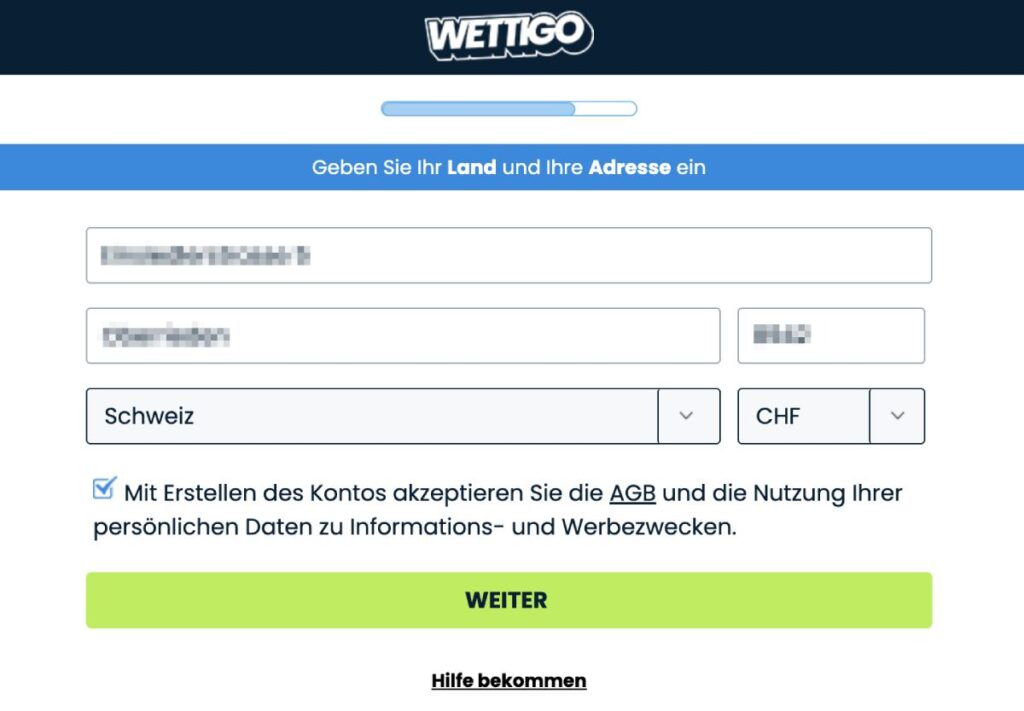 Anmeldung bei Wettigo: vierter Schritt