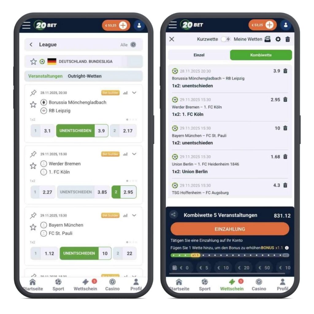 Mobile Screenshots der 20bet App für Sportwetten