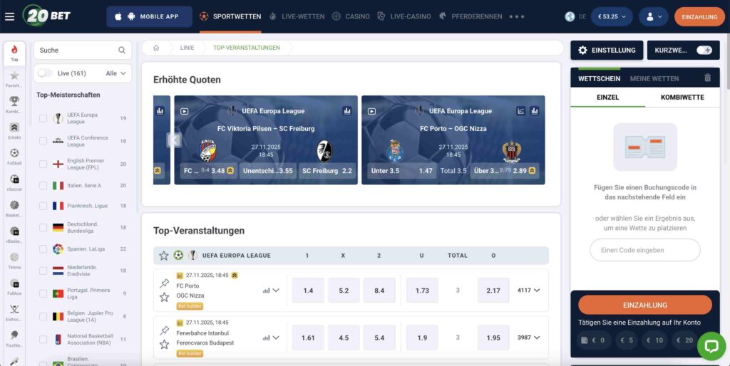 Website von 20bet in der Übersicht. Heller Hintergrund mit dunkler Schrift.