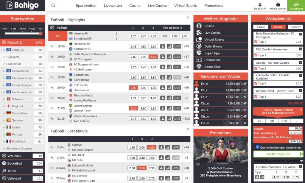 Website von Bahigo Sportwetten mit weißem Hintergrund und roten sowie grauen Akzenten.