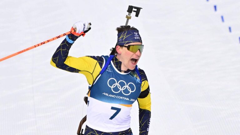 Martin Ponsiluoma jubelt über Goldmedaille bei Olympia 2026 im Zielbereich