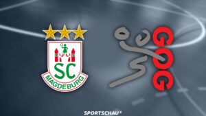 Spieler des SC Magdeburg im Zweikampf mit der Abwehr von GOG Handbold in der Champions League