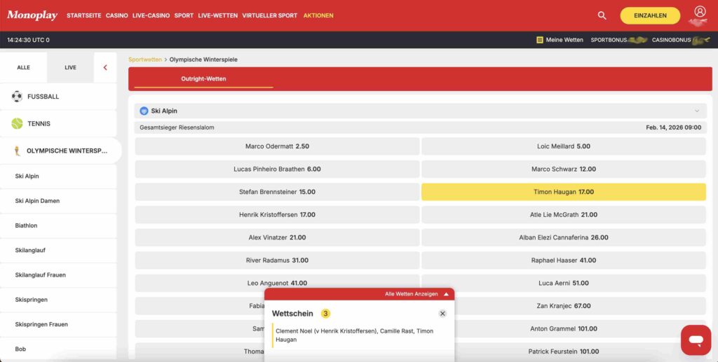 Die Website von Monoplay im Sportwettenbereich mit weißem Design und roten Akzenten.