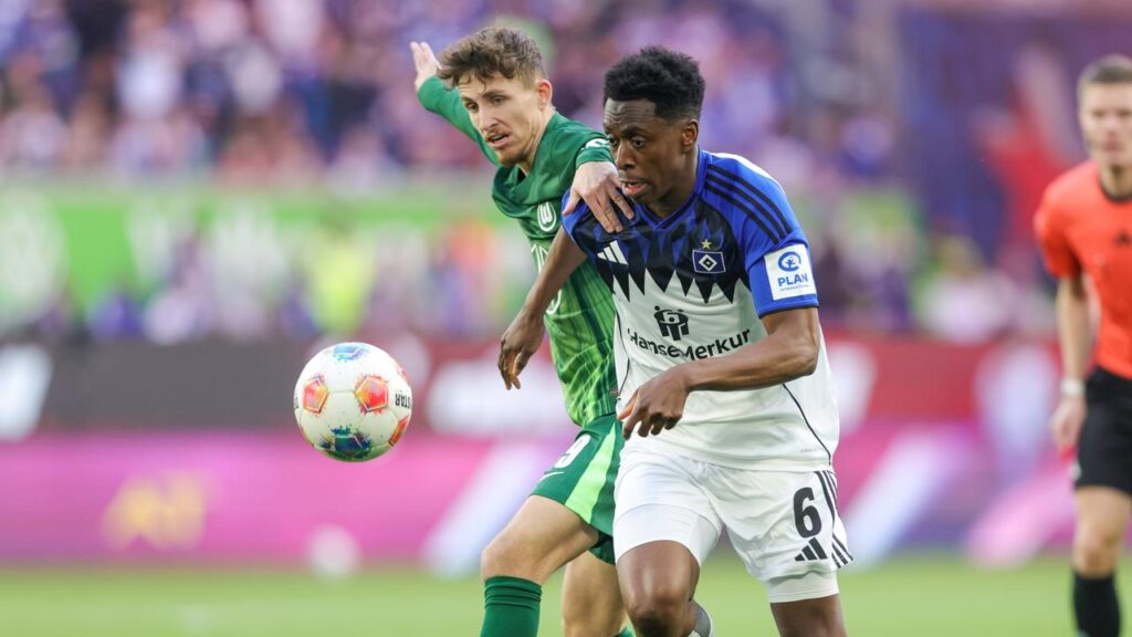 Zweikampf zwischen Spielern des VfL Wolfsburg und des Hamburger SV auf dem Rasen