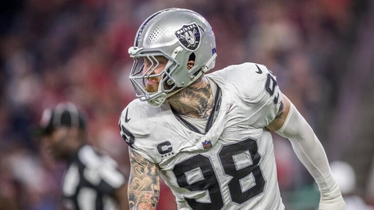 Maxx Crosby im Trikot der Las Vegas Raiders blickt fokussiert auf das Spielfeld während eines NFL-Spiels