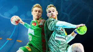 Mathias Gidsel von den Füchsen Berlin beim Wurf gegen die Abwehr des SC Magdeburg im Handball-Topspiel