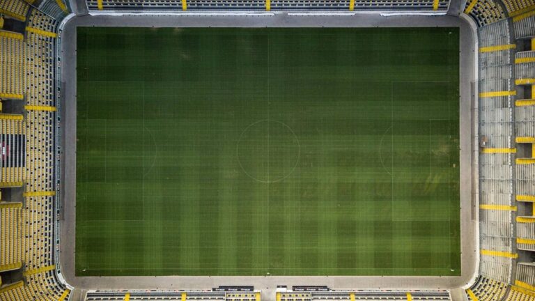 Ein Fußball der auf dem Rasen liegt, im Hintergrund verschwommene Spieler in Nationaltrikots