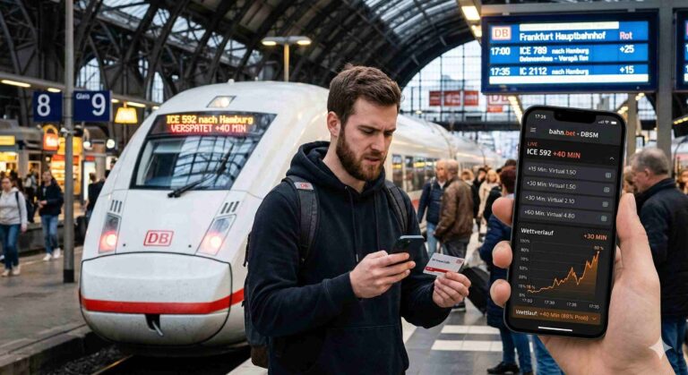 Verwirrter Bahnfahrer am Bahnhof schaut aufs Handy. Bahn Bet lässt auf Verspätungen der DB wetten.
