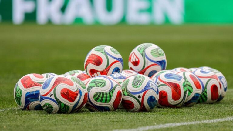 Ein offizieller Spielball der Marke Adidas liegt auf dem Rasen eines Bundesliga-Stadions