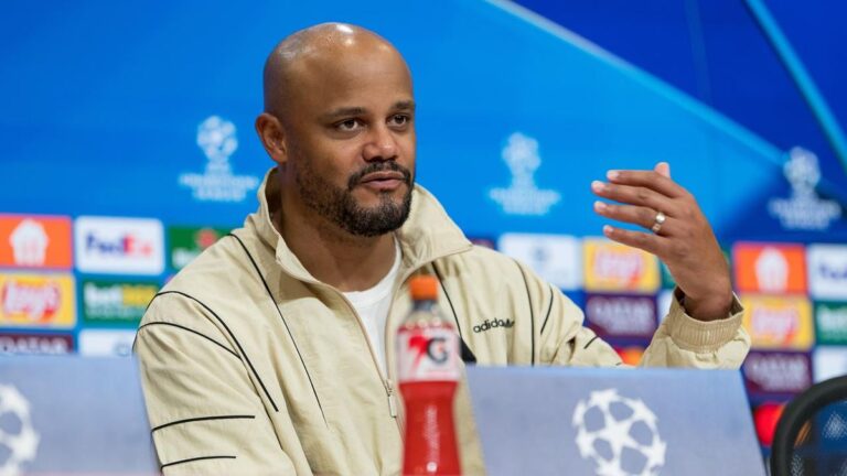 Bayern-Trainer Vincent Kompany gestikuliert engagiert am Spielfeldrand während des CL-Spiels gegen Real Madrid.