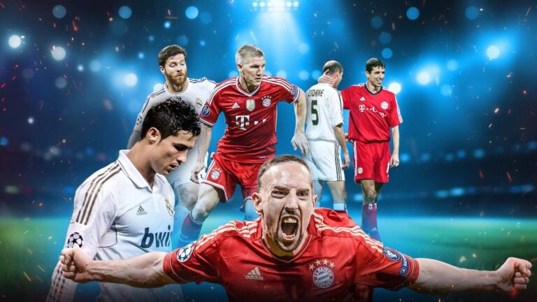 Zweikampf zwischen Spielern von Bayern München und Real Madrid in einem Champions-League-Spiel