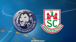 Intensiver Zweikampf zwischen Spielern des Bergischen HC und SC Magdeburg auf dem Handballfeld im DHB-Pokal.