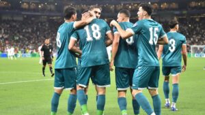 Jubelnde irakische Nationalspieler nach dem Sieg gegen Bolivien im WM-Playoff in Monterrey
