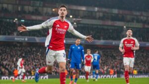 Kai Havertz im Trikot des FC Arsenal bejubelt einen Treffer in der Champions League