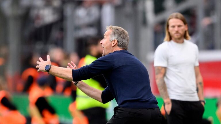 Die nachdenklichen Bundesliga-Trainer Kasper Hjulmand und Eugen Polanski stehen am Spielfeldrand