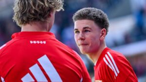 Linus Güther im Trikot von Union Berlin bei seinem historischen Bundesliga-Debüt auf dem Rasen des 1. FC Heidenheim.
