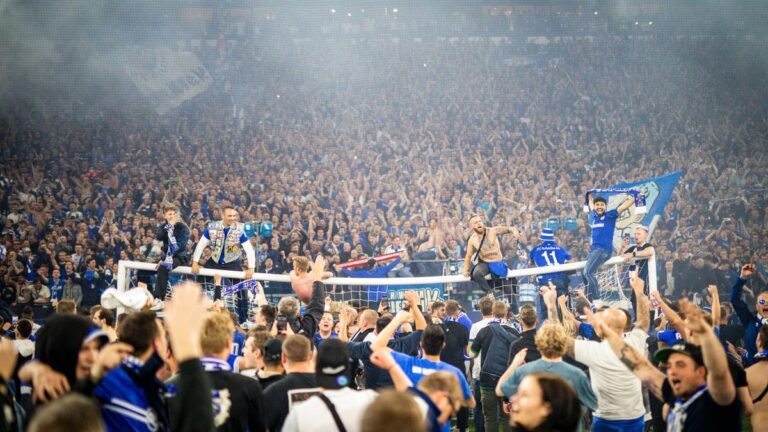 Fans von Schalke 04 auf den Tribünen der vollbesetzten Veltins-Arena