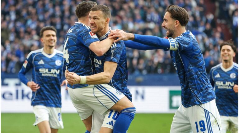 Spielszene aus der 2. Bundesliga mit Spielern von Schalke 04 und Hertha BSC im Zweikampf auf dem Rasen