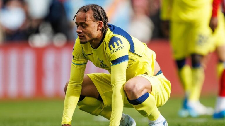 Enttäuschter Spieler von Tottenham Hotspur mit gesenktem Kopf auf dem Spielfeld der Premier League