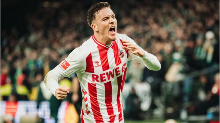 Said El Mala im Trikot des 1. FC Köln bejubelt einen Treffer auf dem Spielfeld der Bundesliga