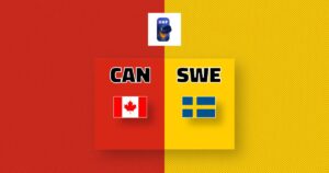 Ein kanadischer Eishockeyspieler jubelt nach einem Tor gegen Schweden bei der Weltmeisterschaft.