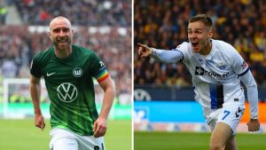 Spieler des VfL Wolfsburg und SC Paderborn kämpfen in der Relegation um den Ball