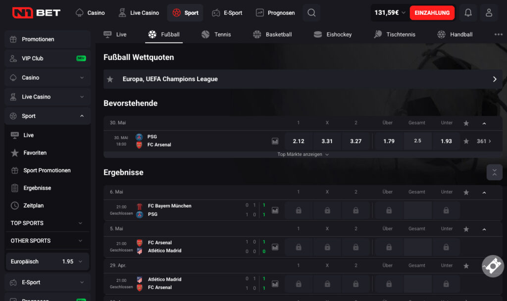 Screenshot vom Sportwettenbereich bei N1Bet