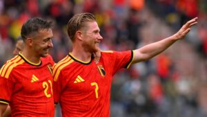 Jubelnde Spieler der belgischen Nationalmannschaft nach einem Torerfolg im Testspiel gegen Tunesien.