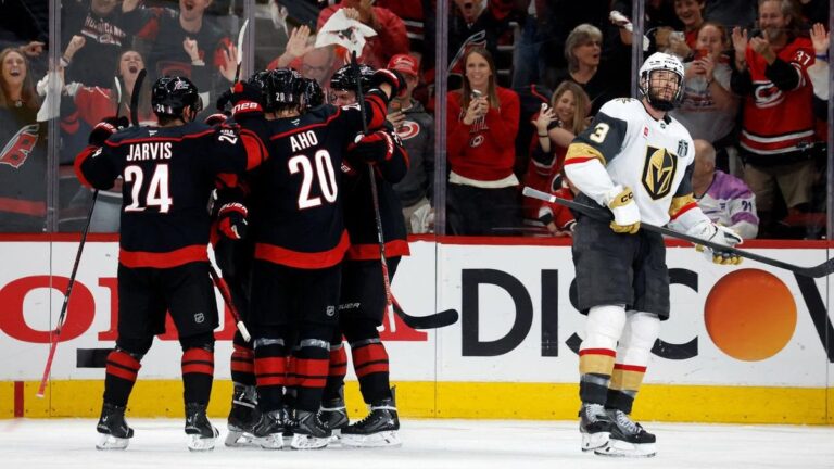 Spieler der Carolina Hurricanes bejubeln einen Treffer gegen die Vegas Golden Knights im Stanley-Cup-Finale.