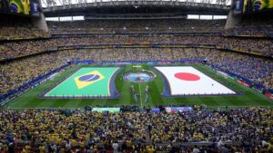 Blick auf das WM-Stadion in Houston mit Sicherheitskräften