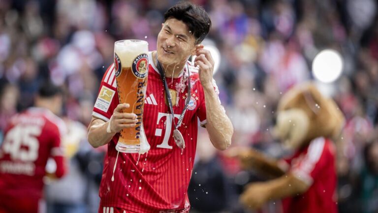 FC Bayern München Innenverteidiger Min-jae Kim blickt konzentriert auf dem Spielfeld.