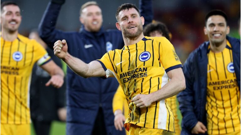 James Milner im Trikot von Brighton and Hove Albion bedankt sich bei den Fans im Stadion