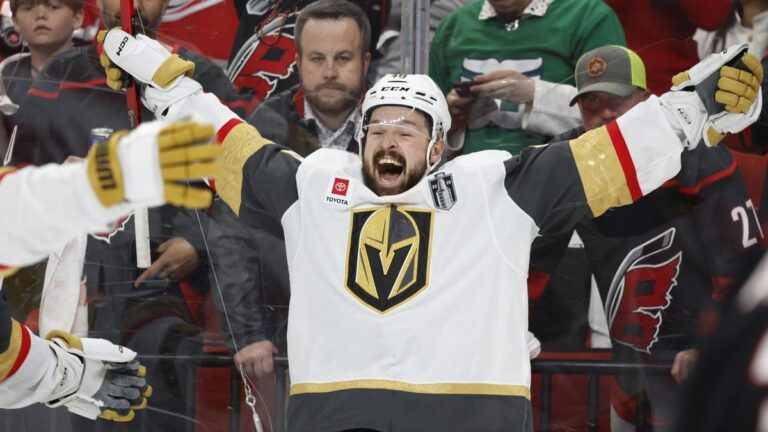 Eishockeyspieler der Vegas Golden Knights bejubeln ein Tor im NHL-Finale gegen die Carolina Hurricanes.