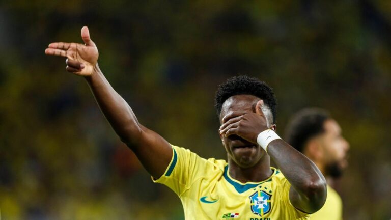 Vinicius Junior im Trikot der brasilianischen Nationalmannschaft auf dem Platz.