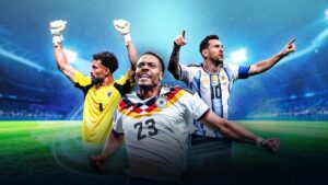 Emotionale Spieler und feiernde Fans in einem Stadion während der Weltmeisterschaft 2026