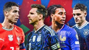 Lionel Messi und Cristiano Ronaldo im Trikot ihrer Nationalmannschaften vor dem Hintergrund des WM-Pokals