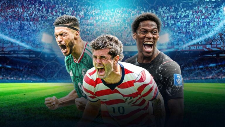 Jubelnde Nationalspieler der USA, Mexikos und Kanadas feiern den Einzug in die K.o.-Phase der Weltmeisterschaft 2026