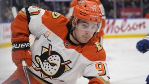 NHL-Star Leo Carlsson im Trikot der Anaheim Ducks jubelt auf dem Eis