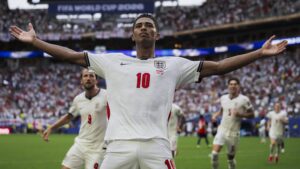 Jude Bellingham bejubelt im England-Trikot seinen Treffer gegen Norwegen im WM-Viertelfinale