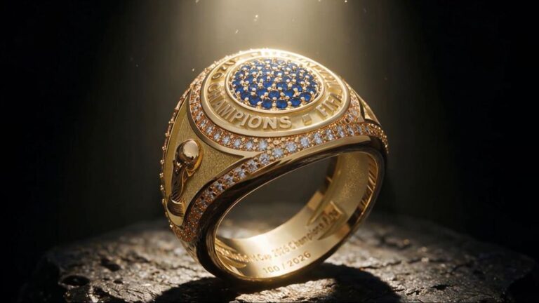 Ein goldener Meisterring mit dem Logo der FIFA und der WM-Trophäe