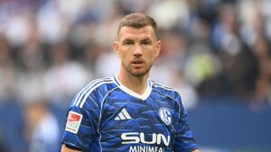 Edin Dzeko im Trikot von Schalke 04 blickt konzentriert auf dem Spielfeld